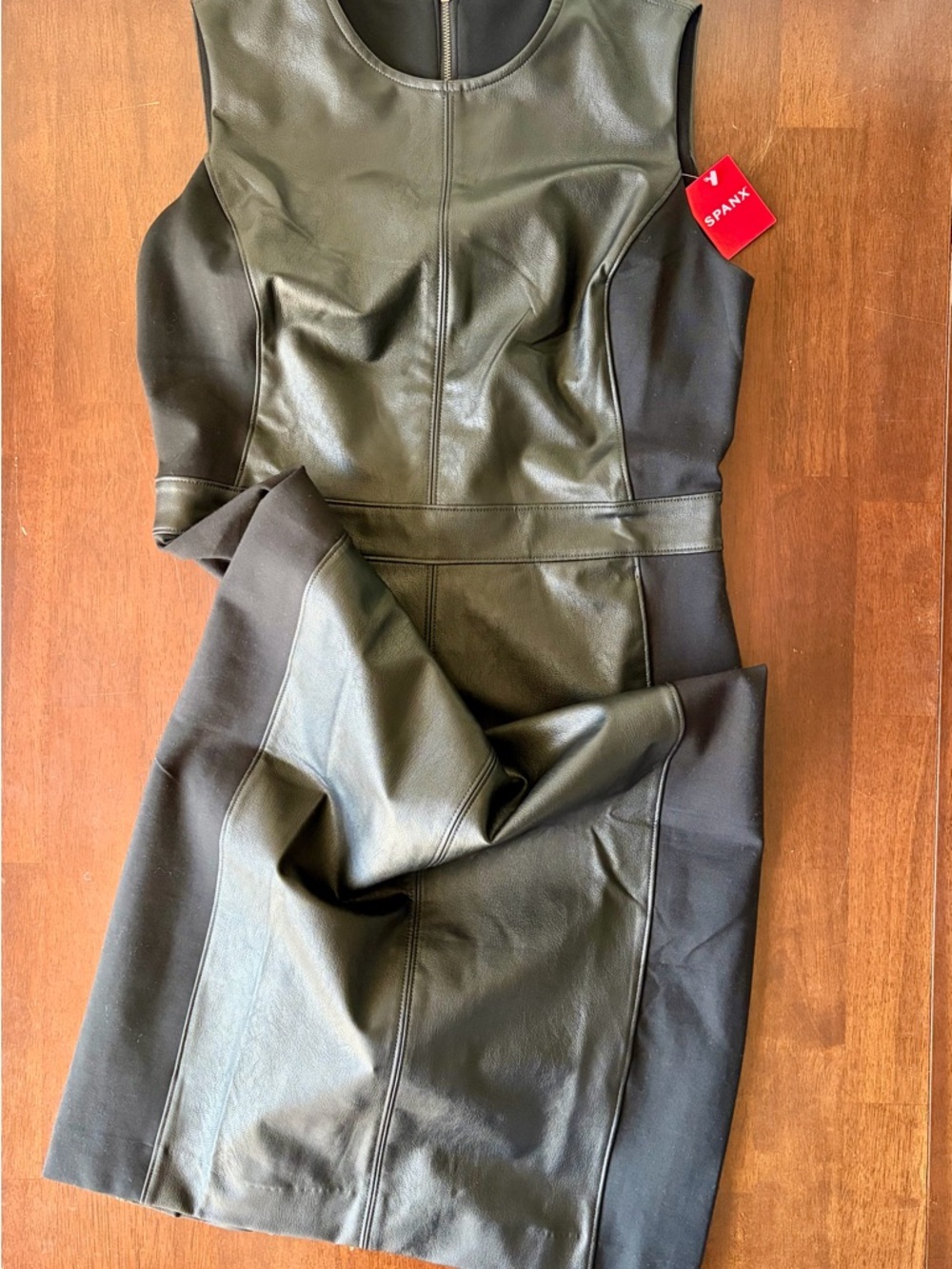 SPANX Black Faux-Leather Panel Midi Dress